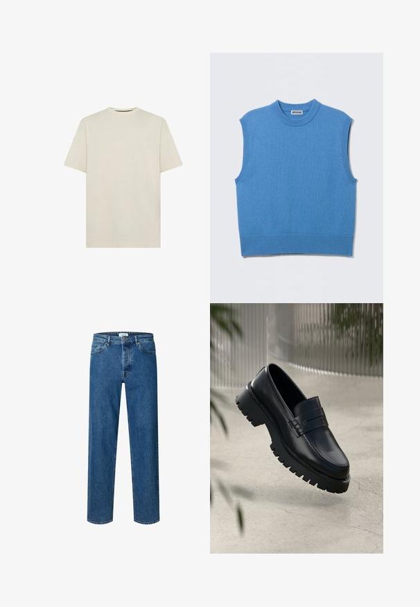 Mouwloos blauwe gebreide trui zonder mouwen met ronde hals en geribbelde randen, plat gelegd op een lichtgrijze achtergrond.; Lichte beige katoenen t-shirt met een klassieke ronde hals en korte mouwen. Eenvoudig, onversierd ontwerp. Zachte textuur, reguliere pasvorm.; Blauwe straight-leg denim jeans met knoop- en ritssluiting, ceintuurlussen en een vijfzakkenontwerp.; Zwarte leren instappers met een chunky loopzool, voorzien van een decoratieve band en stikseldetails. Gladde textuur met een gepolijste afwerking.