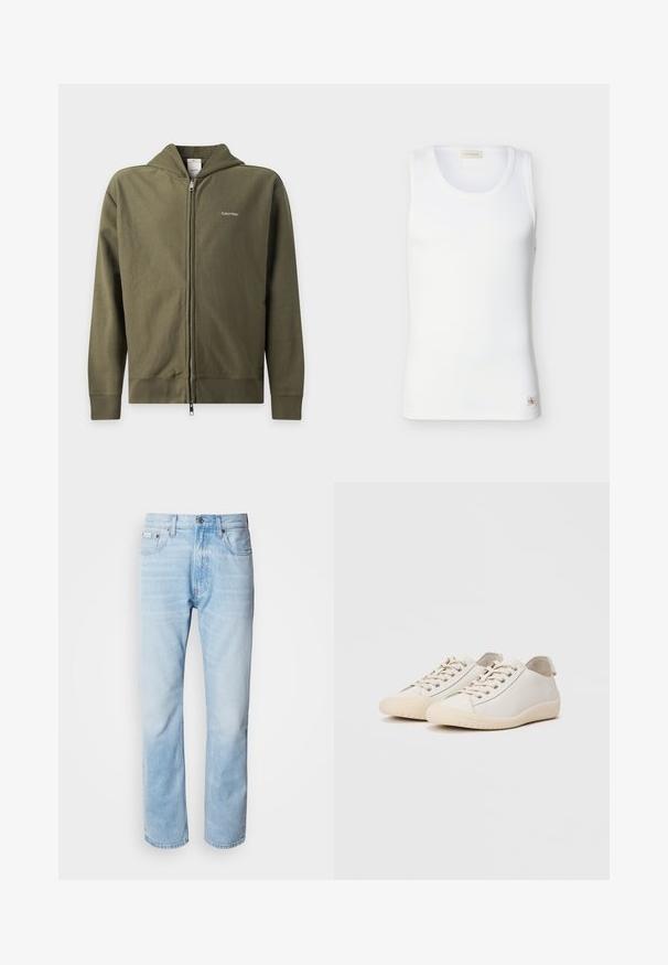Olivovo zelená mikina na zips s kapucňou a malým bielym logom Calvin Klein na ľavej strane hrude.; Biely rebrovaný tielko bez rukávov s okrúhlym výstrihom a malou značkou Calvin Klein blízko lemu na jednofarebnom pozadí.; Svetlomodré džínsy s rovnými nohavicami, s vybledlými časťami, dizajnom s piatimi vreckami a klasickým zapínaním na gombíky.; Biele tenisky vyrobené z hladkej kože s tónovým švom, šnurovaním, zaoblenou špičkou a textúrovanou gumovou podrážkou.