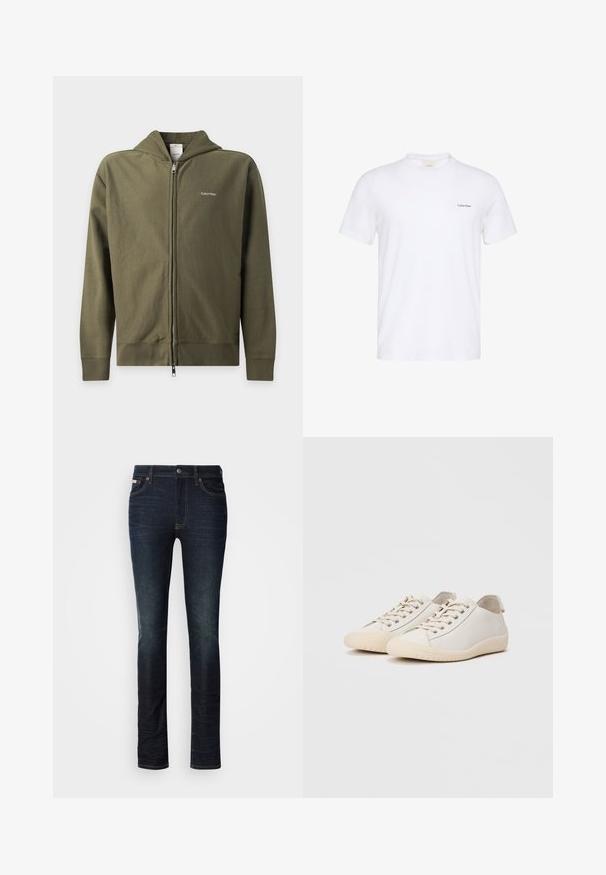 Olivovo zelená mikina na zips s kapucňou a malým bielym logom Calvin Klein na ľavej strane hrude.; Biele tričko s krátkym rukávom a okrúhlym výstrihom s malým čiernym logom Calvin Klein na ľavej strane hrude.; Tmavomodré slim-fit džínsy s gombíkom a zipsom, päť vreciek a jemné vyblednutie na stehnách a kolenách.; Biele tenisky vyrobené z hladkej kože s tónovým švom, šnurovaním, zaoblenou špičkou a textúrovanou gumovou podrážkou.