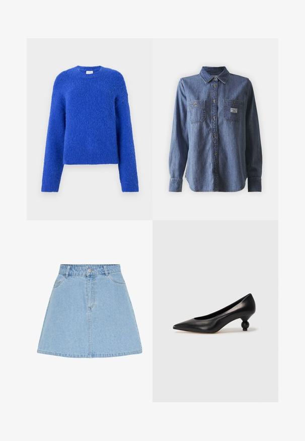 CLOSED CREW NECK LONG SLEEVE - Svetrík - galaxy blue; Modrá džínsová košeľa s dlhým rukávom, ktorá má klasický golier na gombíky, dve náprsné vrecká, klasický strih a jemnú textúru. Nálepka na ľavom vrecku.; Svetlomodrá denimová sukňa áčkového strihu s predným zapínaním na gombíky a zips, opaskové slučky a dve predné vrecká.; Čierna kožená vysoká topánka na podpätku s ostrým špičkou a okrúhlym, guľatým podpätkom. Hladký povrch s moderným, minimalistickým dizajnom.