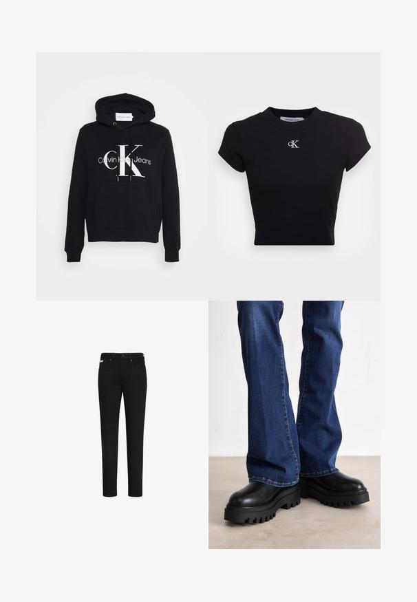 Sudadera negra con bolsillo canguro, capucha con cordón y audaz logotipo en blanco "CK" con el texto "Calvin Klein Jeans" debajo. Material suave.; Camiseta negra corta hecha de tela acanalada, con mangas cortas y un escote redondo. Logo blanco bordado "ck" en el pecho.; Vaqueros negros de corte ajustado con botón y cremallera delanteros, con bolsillos delanteros y traseros y una pequeña etiqueta en el bolsillo delantero derecho.; Botas de plataforma negras gruesas con suelas de goma texturizada, punta redondeada y parte superior de cuero suave, combinadas con jeans de campana azules.