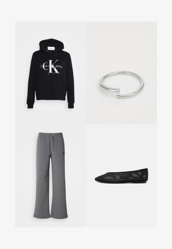 Sudadera negra con bolsillo canguro, capucha con cordón y audaz logotipo en blanco "CK" con el texto "Calvin Klein Jeans" debajo. Material suave.; Pantalones de chándal grises hechos de una tela suave, con una cinturilla con cordón, piernas anchas y un discreto detalle de logo en el lateral.; Zapato plano de malla negra con puntera cerrada y tacón bajo, con un diseño tejido transpirable y un logo lateral sutil.; Calvin Klein SPIRAL - Pulsera - silver-coloured