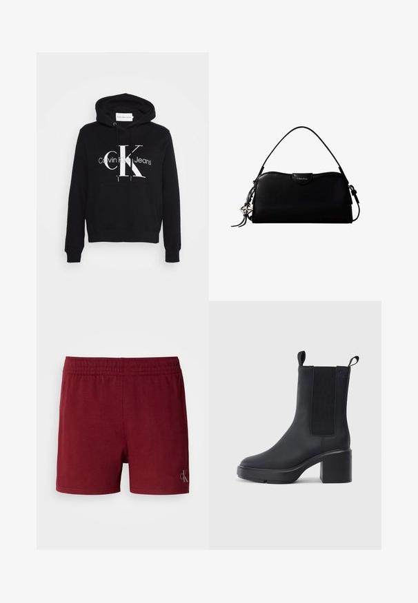 Sudadera negra con bolsillo canguro, capucha con cordón y audaz logotipo en blanco "CK" con el texto "Calvin Klein Jeans" debajo. Material suave.; Pantalones cortos deportivos en color burdeos, confeccionados con una suave mezcla de algodón, cinturilla elástica y un pequeño logotipo en el dobladillo inferior.; Botín negro de tobillo hecho de un material de goma liso, con paneles laterales elásticos, tacón bloque y tiradores en la parte superior para facilitar su uso.; Bolso rectangular negro de Calvin Klein con una única correa superior, dije con el logo plateado y un pequeño cierre de solapa en la parte frontal.