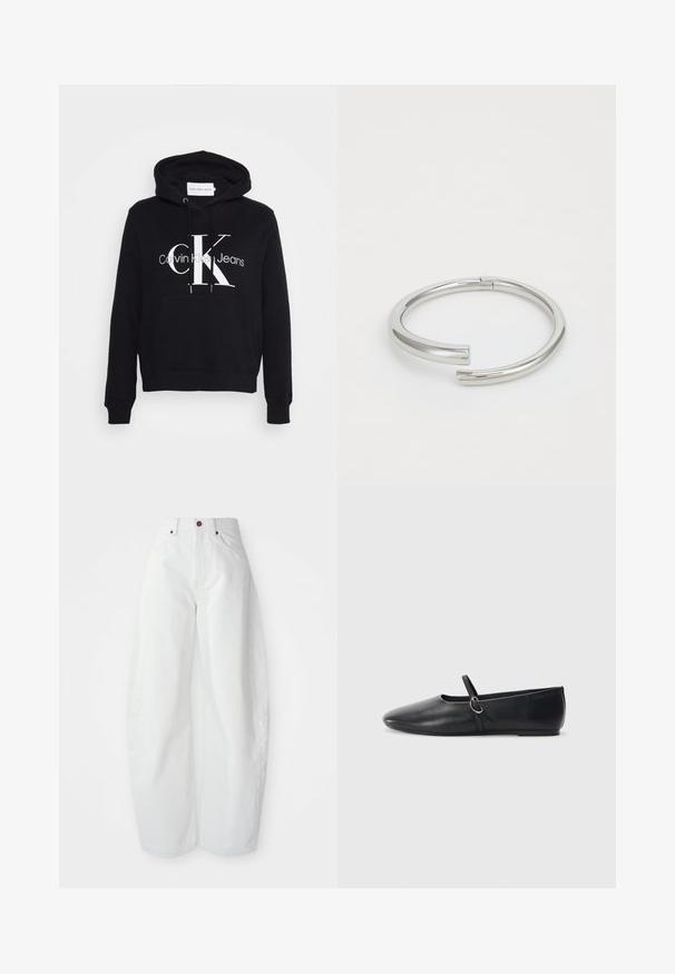 Zwarte hoodie met een kangoeroezak, capuchon met trekkoord en een opvallend wit "CK"-logo met de tekst "Calvin Klein Jeans" eronder. Zacht materiaal.; Hoge taille witte spijkerbroek met een losse pasvorm. Voorzien van een knoopsluiting, zijzakken en een minimalistisch ontwerp. Glad textuur.; Zwarte leren balletschoenen met een spitse neus, platte zool en een kleine strap met een zilveren gespsluiting.; Calvin Klein SPIRAL - Armband - silver-coloured