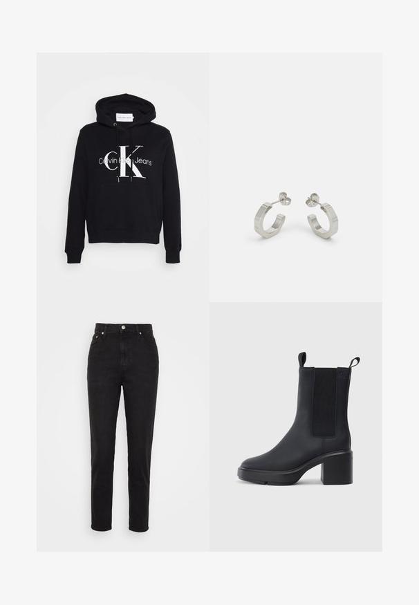 Sort hoodie med kengurulomme, snor i hætten og fed hvid "CK" logo med teksten "Calvin Klein Jeans" nedenunder. Blødt materiale.; Sorte højtaljede slim-fit jeans med frontknap, bæltesløjfer og fem-lomme design på hvid baggrund.; Sorte ankelstøvler i glat gummimateriale, med elastiske sidepaneler, blokhæle og trækskilt øverst for nem påtagning.; Sølv metal hoop øreringe med et tekstureret design, der har en lille post bagpå og branding på en af øreringene. Rund form med en poleret overflade.