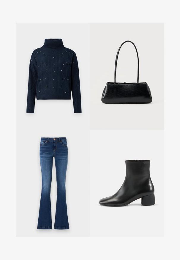 Navy coltrui met kabelpatroon en verspreide decoratieve studs. Voorzien van lange mouwen en een relaxte pasvorm.; Uitlopende blauwe jeans van denim, met een gemiddelde taillehoogte, vijf zakken en contrasterende stiknaden langs de naden.; Zwarte leren enkellaars met een afgeronde vierkante neus, zijrits en stevige lage hak op een effen lichte achtergrond.; Zwarte rechthoekige schoudertas met lange dunne banden en een gladde, glanzende textuur op een effen achtergrond.