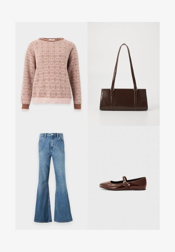 Pull en tricot à manches longues avec motif géométrique rose clair et marron, col rond et poignets marron, présenté sur fond blanc.; Jean en denim bleu clair taille haute avec jambes larges évasées et poches avant incurvées, présenté sur un fond blanc.; Ballerine en cuir verni marron avec un bout carré et une lanière ornée d'une petite boucle dorée. Texture lisse, talon bas et design minimaliste.; Sac à main en cuir verni marron de forme rectangulaire, avec deux longues poignées et des accents courbés subtils à l'avant.