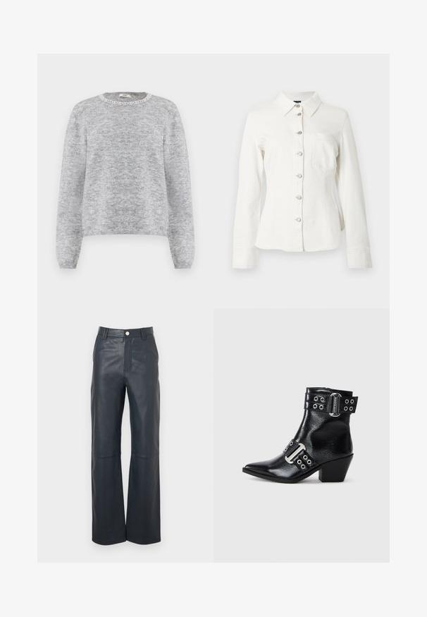 Pull en laine gris tricoté avec un col rond orné d'une finition en dentelle blanche. Manches longues, texture douce et coupe décontractée.; Chemise en denim blanc avec col, manches longues et fermeture à boutons sur le devant. Comprend une poche poitrine unique et des boutons argentés en guise d'accents.; Pantalon en cuir noir taille haute à jambes larges, avec passants pour ceinture et fermeture par bouton métallique à l'avant de la taille.; Bottine en cuir noir à bout pointu, avec des accents en boucle argentée et deux sangles avec œillets. Talon bas pour une meilleure stabilité.