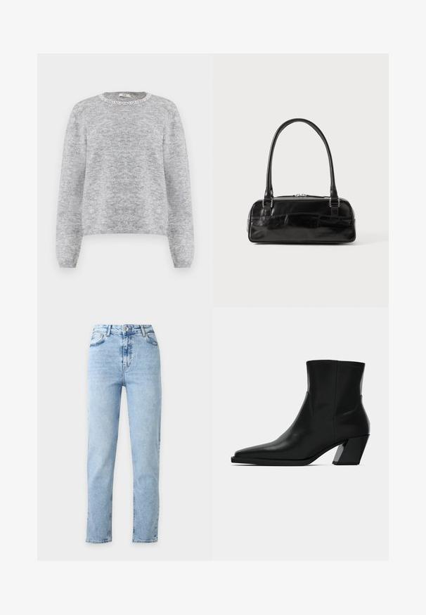 Grauer Strickpullover mit Rundhalsausschnitt und dekorativem weißen Spitzenbesatz. Lange Ärmel, weiche Textur und lockere Passform.; Hellblaue High-Waist Straight-Leg Jeans mit Knopf- und Reißverschluss vorne, Vorder- und Gesäßtaschen, auf weißem Hintergrund dargestellt.; Schwarze Leder-Stiefelette mit spitzem Zeh, schlanker Silhouette und klobigem quadratischem Absatz. Glatte Textur mit minimalen Nähdetails.; Schwarze Lederhandtasche in rechteckiger Form, mit einem stabilen Griff, silbernem Zubehör und Reißverschluss. Glatte Textur.