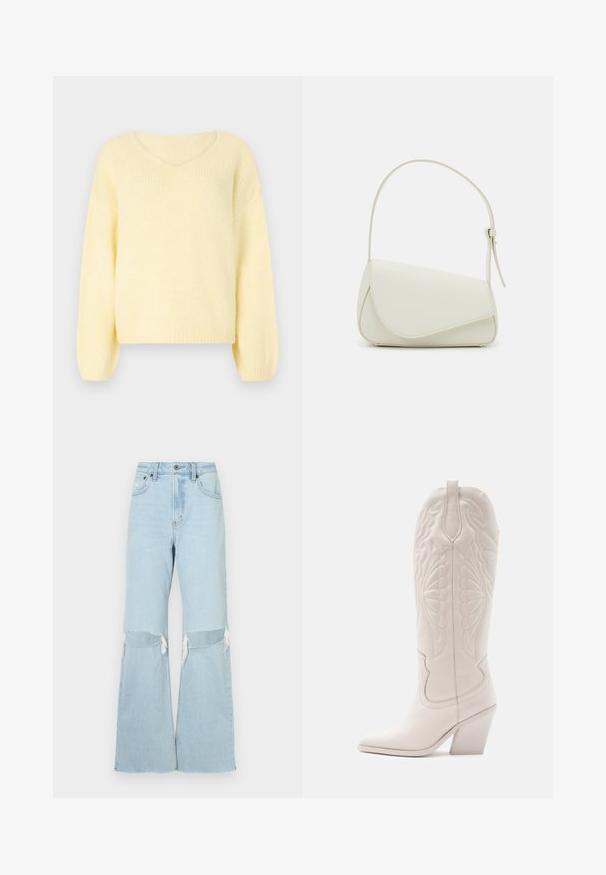JDY JDYDINEA L/S REVERSIBLE PULLOV. KNT NOOS - Striktrøje - pastel yellow; Lyseblå denim bukser med brede ben, knæudskæringer, frynsede kanter og høj talje. Med frontlukning med knap og lynlås samt klassisk fem-lomme design.; Hvide læder cowboystøvler med spidse tæer og blokhæle. Har intrikate syninger på skaftet og en glat tekstur.; Hvid taske i faux læder med en struktureret trekantet form, enkelt justerbart skulderstrop og en flaplås med kurver.