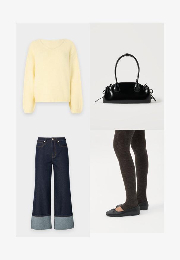 JDY Knitted JDYDINEA Knitted - Trui - pastel yellow; Brede jeans van donker denim, met een lichtere denim omslag. Het ontwerp omvat voorzakken en contrasterende stiksels.; Benen met donkere geribbelde leggings gecombineerd met zwarte ballerina's met kleine strikdetails op een witte achtergrond.; Kleine zwarte glanzende handtas met twee lange hengsels en zijkant trekkoord details op een effen lichte achtergrond.