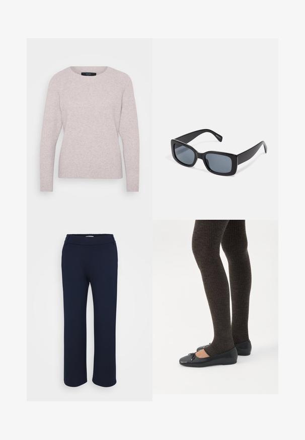 Lys rosa sweater med rund hals, lange ærmer og ribbede manchetter. Blød tekstur med et subtilt meleret mønster.; Marineblå lige ben bukser lavet af strækbart stof, med en flad talje og to sidelommer for funktionalitet.; Ben iført mørke ribbede leggings kombineret med sorte balletsko med små sløjfedetaljer på hvid baggrund.; Sorte rektangulære solbriller med mørkt tonede linser, tyk plastramme og brede stænger. Glat overflade og kantet design.