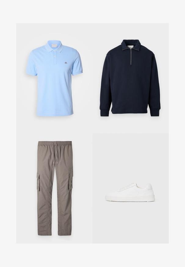 Mørkeblå pullover sweatshirt med høj krave og halv lynlås, lavet af blødt stof med lange ærmer og en afslappet pasform.; Lyseblå kortærmet polo skjorte lavet af bomuld, med en støvlekrave med to knapper og et lille broderet logo på venstre bryst.; Grå cargo-bukser med elastisk talje og snøre, to sidelommer og et glat, let stof.; Hvid sneaker med en glat læderoverdel, rund tå, snørebånd, teksturerede sideaccenter og en tyk gummisål. Minimalistisk design.