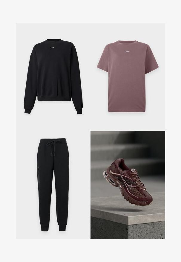Sort langærmet crewneck-sweatshirt med lille hvid Nike swoosh-logo centreret nær halsudskæringen, vist på ensfarvet grå baggrund.; En ensfarvet mauve kortærmet crewneck t-shirt med en lille hvid Nike swoosh centreret på brystet, præsenteret på hvid baggrund.; Sorte sweatpants med snoretræk i taljen, lynlåslomme i siden og tætsiddende nederste kant. Fremstillet af blødt, struktureret stof.; Bordeauxrød Nike løbesko med meshstof, polstret krave, tyk sål og hvide detaljer. Designet har en rundet tå og markante snørebånd.
