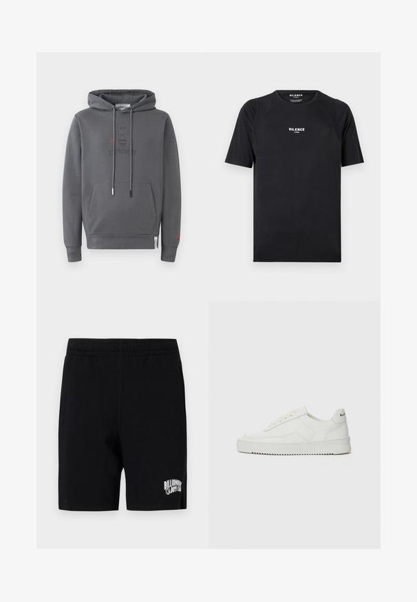 Grau-hoodie mit einer Kängurutasche, versehen mit einer Grafik eines extrovertierten Charakters und dem Wort "EXTROVERT" darunter gedruckt.; Schwarzes T-Shirt mit kurzen Ärmeln aus glattem Stoff, ausgestattet mit einem Rundhalsausschnitt und einem weißen "SILENCE"-Logo auf der Brust.; Schwarze Shorts aus weichem Baumwollmix mit einem elastischen Bund, versehen mit einem weißen Logo auf dem linken Bein und Seitentaschen.; Weiße Ledersneaker mit glatter Oberfläche, runder Zehenpartie, flachen Schnürsenkeln und strukturiertem Sohlenprofil. Mit einem dezenten Logo an der Ferse.