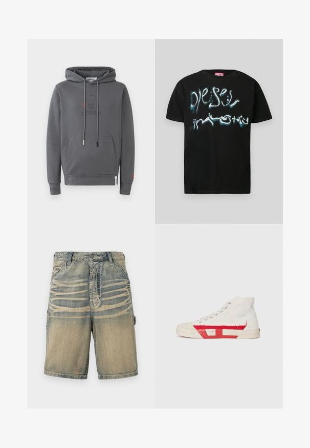 Grau-hoodie mit einer Kängurutasche, versehen mit einer Grafik eines extrovertierten Charakters und dem Wort "EXTROVERT" darunter gedruckt.; Schwarzes Baumwoll-T-Shirt mit einem auffälligen grafischen Logo in Weiß und Blau mit Tropfeffekt. Rundhalsausschnitt und kurze Ärmel.; Denim-Cargo-Shorts mit einem verblassten Blau- und Beigetonverlauf. Verfügt über zwei Seitentaschen, einen Knopfverschluss und gestickte Akzente.; Hoch oben Sneakers mit einem weißen Canvas-Obermaterial, roten Gummiakzenten und einem fransigen Saumdetail, silbernen Ösen und einer strukturierten Sohle.