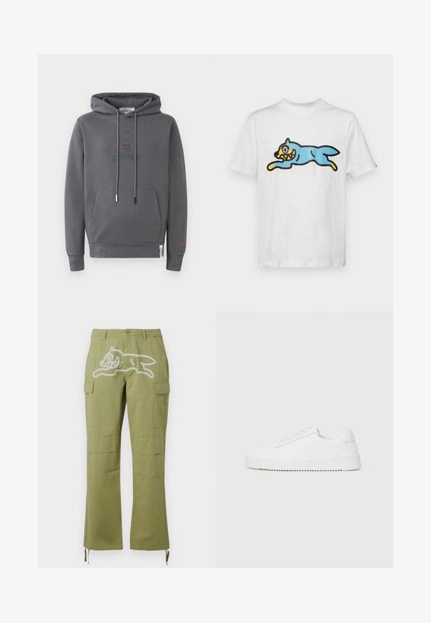Sudadera con capucha gris y bolsillo frontal, que presenta un gráfico de un personaje extrovertido y la palabra "EXTROVERT" impresa debajo.; Camiseta blanca de algodón con un gato de estilo cartoon azul, con cara amarilla y dientes afilados, posicionado en una postura de salto.; Icecream RUNNING DOG PANTS - Pantalones cargo - green; Zapatilla blanca con parte superior de cuero suave, puntera redondeada, cordones, acentos laterales texturizados y suela de goma gruesa. Diseño minimalista.