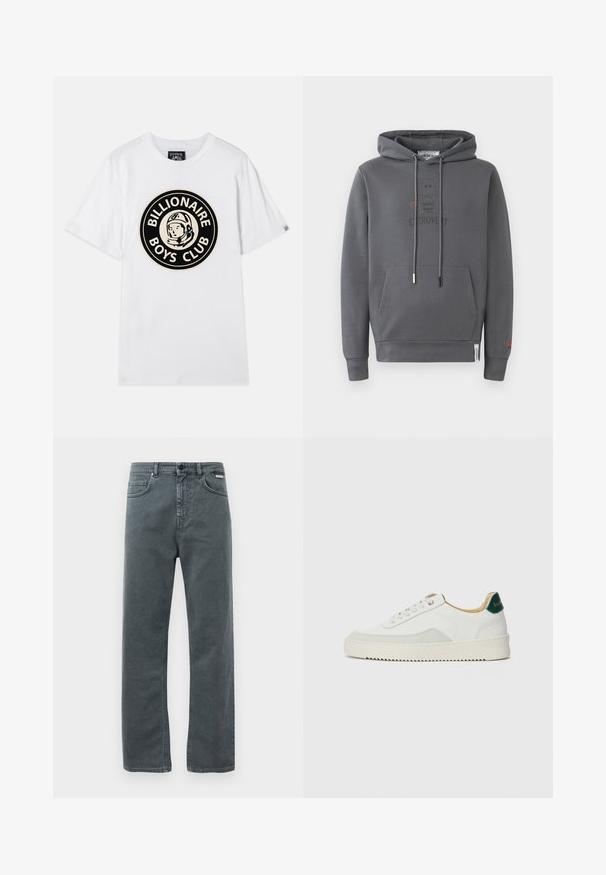 Sudadera con capucha gris y bolsillo frontal, que presenta un gráfico de un personaje extrovertido y la palabra "EXTROVERT" impresa debajo.; Camiseta de algodón blanca con un gráfico circular negro y dorado de un astronauta y el texto "BILLIONAIRE BOYS CLUB". Mangas cortas, cuello redondo.; Jeans de denim gris con corte recto, cinco bolsillos y cierre de botón. Presenta costuras sutiles y un diseño clásico y minimalista.; Zapatilla blanca con acentos de ante, puntera redondeada, cordones planos y suela de goma color crema. Presenta un logo verde en el talón.