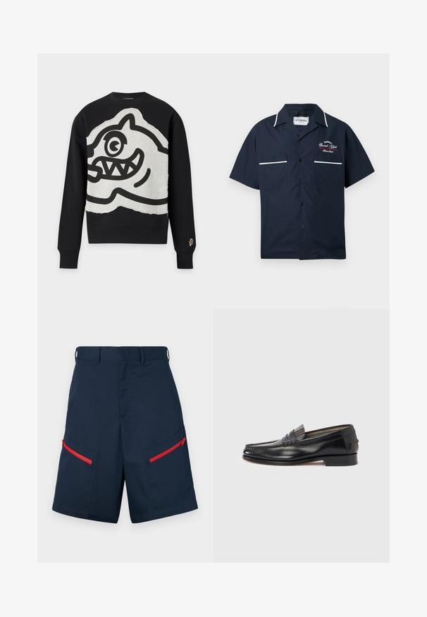 Sweat-shirt noir à manches longues avec un grand patch gris présentant un visage de dessin animé noir audacieux avec un œil et des dents pointues à l'avant.; Chemise à manches courtes bleu marine en tissu léger, dotée de deux poches à l'avant, de détails en passepoil blanc et d'un logo brodé.; Shorts cargo navy fabriqués avec deux poches zippées avec des accents rouges, devant plat et détails cousus.; Mocassins en cuir noir avec un design de style mocassin, présentant une bande décorative et un détail de couture sur le dessus. Talon bloc bas.