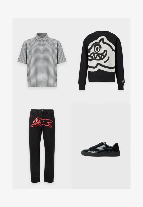 Sweat-shirt noir à manches longues avec un grand patch gris présentant un visage de dessin animé noir audacieux avec un œil et des dents pointues à l'avant.; Chemise à manches courtes en motif vichy gris et blanc ; dotée d'une patte de boutonnage à l'avant et d'un col classique ; tissu léger avec une texture lisse.; Jean en denim noir avec un grand motif rouge représentant un chat bondissant sur la cuisse gauche. Design classique à cinq poches avec quincaillerie métallique.; Baskets en cuir verni noir avec un bout arrondi, un laçage, une semelle en caoutchouc texturé et une finition lisse.