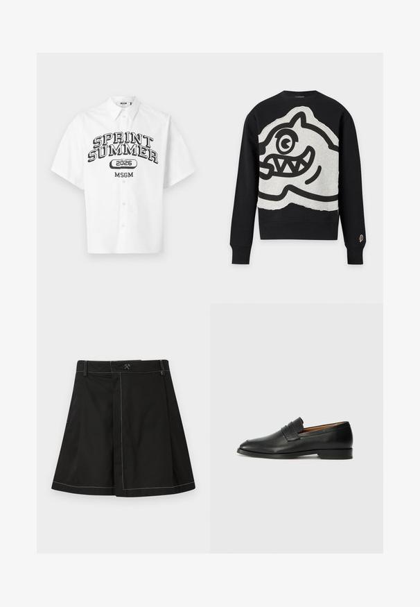Sweat-shirt noir à manches longues avec un grand patch gris présentant un visage de dessin animé noir audacieux avec un œil et des dents pointues à l'avant.; Chemise blanche à manches courtes avec boutons, imprimée de "SPRINT SUMMER 2026" et "MSGM" en noir sur le devant.; Jupe noire évasée avec coutures contrastantes blanches, passants de ceinture et un petit logo marteau croisé au centre avant de la taille.; Mocassin en cuir noir avec un bout arrondi, des coutures subtiles et un talon bas, présentant une texture lisse et un design minimaliste.