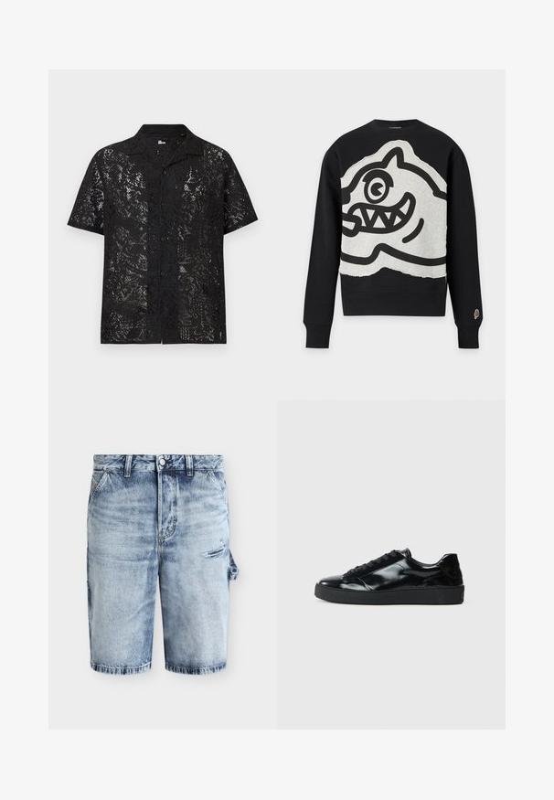 Black long-sleeve sweatshirt with large gray patch featuring a bold black cartoon face with one eye and sharp teeth on the front.; Black short-sleeve button-up shirt with a floral lace pattern and a spread collar, shown against a plain light background.; Light blue faded denim shorts with side pocket and loop detail, belt loops, and a button closure at the waist.; Black patent leather sneakers with a rounded toe, lace-up design, textured rubber sole, and a smooth finish.