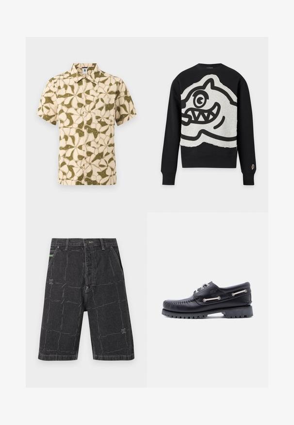 Sweat-shirt noir à manches longues avec un grand patch gris présentant un visage de dessin animé noir audacieux avec un œil et des dents pointues à l'avant.; Chemise à manches courtes avec boutons, motif floral abstrait beige et vert olive, et une poche poitrine devant.; Short en jean noir avec motif à carreaux délavé, poches avant, fermeture par boutons et passants de ceinture.; Chaussure bateau en cuir noir avec détails cousus, semelle en caoutchouc antidérapante et œillets métalliques avec lacets blancs. Logo accentué sur le côté.