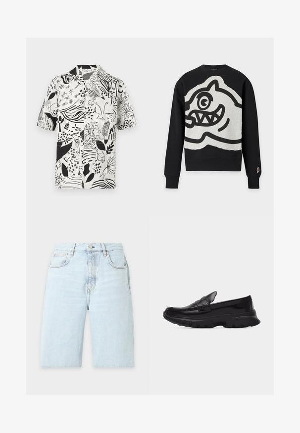 Sweat-shirt noir à manches longues avec un grand patch gris présentant un visage de dessin animé noir audacieux avec un œil et des dents pointues à l'avant.; Chemise à manches courtes boutonnée avec imprimé nature abstrait en noir et blanc, comprenant des illustrations de feuilles, fleurs, papillon, léopard et renard.; Short en denim bleu clair avec poches avant, passants de ceinture, fermeture par boutons et aspect délavé.; Mocassin noir brillant avec semelle épaisse texturée et détails cousus, profil latéral sur fond gris clair uni.