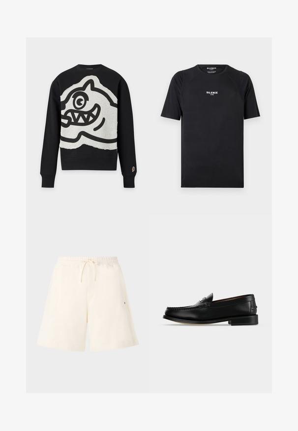 Sweat-shirt noir à manches longues avec un grand patch gris présentant un visage de dessin animé noir audacieux avec un œil et des dents pointues à l'avant.; T-shirt noir à manches courtes en tissu lisse, doté d'un col rond et d'un logo blanc "SILENCE" sur la poitrine.; Shorts couleur crème en tissu doux, dotés d'une taille élastique avec cordon de serrage, de poches latérales et d'une coupe décontractée.; Mocassin homme en cuir noir avec un petit talon et une couture de style mocassin sur l'avant, vu de côté sur un fond uni.