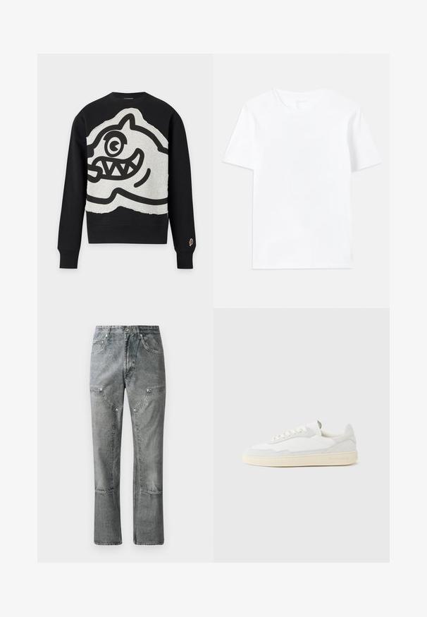 Schwarzer Sweatshirt mit langen Ärmeln und großem grauem Patch mit auffälligem schwarzem Cartoon-Gesicht mit einem Auge und scharfen Zähnen auf der Vorderseite.; Weißes Baumwoll-T-Shirt mit klassischem Rundhalsausschnitt und kurzen Ärmeln, das eine glatte Textur und einen regulären Schnitt aufweist.; Graue Denim-Jeans mit geradem Schnitt, ausgestattet mit Fronttaschen, sichtbaren Nähten und einem verwaschenen Finish. Das Material hat eine glatte Textur.; Weißer Sneaker mit strukturiertem Obermaterial aus Wildleder und Leder. Verfügt über eine runde Zehenpartie, Schnürverschluss und eine kontrastierende beige Gummisohle.