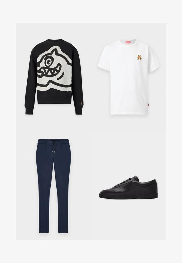 Schwarzer Sweatshirt mit langen Ärmeln und großem grauem Patch mit auffälligem schwarzem Cartoon-Gesicht mit einem Auge und scharfen Zähnen auf der Vorderseite.; Weißes Diesel T-Shirt mit kurzen Ärmeln und einem kleinen bunten Frosch, der ein rotes Diesel-Logo auf der linken Brust hält.; Dunkelblaue Jogginghosen mit einem Kordelzugbund, schmal zulaufenden Beinen und einem weichen, glatten Stoff. Keine Taschen oder auffälligen Muster.; Schwarzer flacher Leder-Sneaker mit Schnürung vorne und flacher Gummisohle, seitlich auf einem schlichten weißen Hintergrund gezeigt.