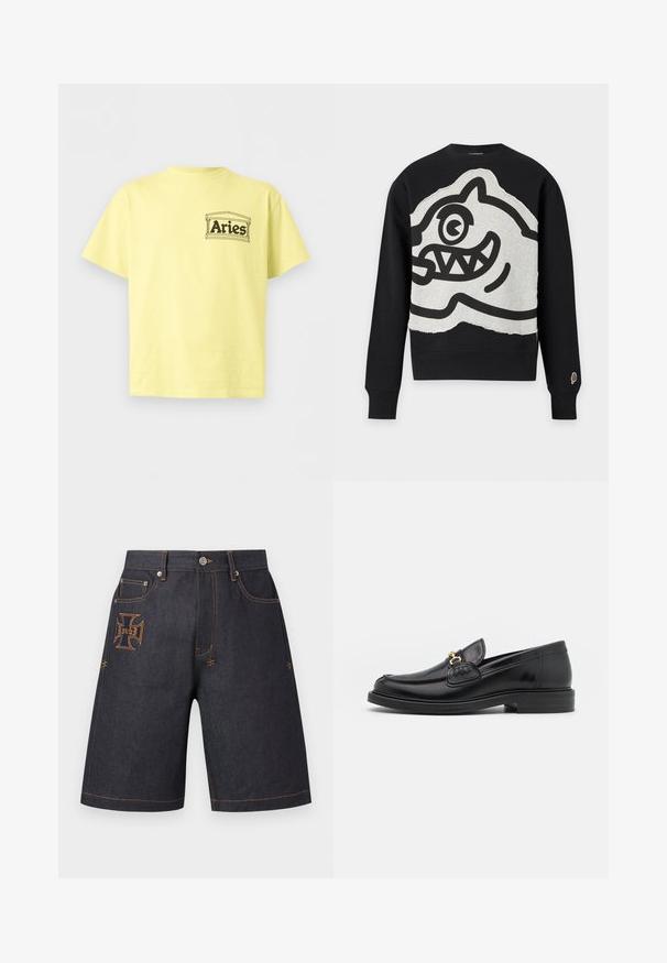 Sweat-shirt noir à manches longues avec un grand patch gris présentant un visage de dessin animé noir audacieux avec un œil et des dents pointues à l'avant.; T-shirt jaune pâle à manches courtes avec le texte "Aries" à l’intérieur d’un cadre architectural simple sur le côté gauche de la poitrine.; Shorts en denim foncé avec coutures orange, poches avant, passants pour ceinture et motif brodé en forme de croix avec texte sur la cuisse gauche.; Mocassins en cuir noir avec un embout rond, présentant des accents en métal doré et des détails de couture, montés sur une semelle en caoutchouc texturé et basse.