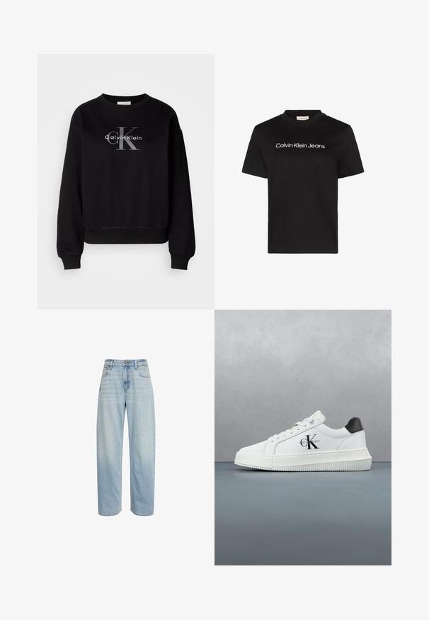 Čierna mikina vyrobená z bavlny, s oválnym výstrihom a voľným strihom. Na prednej strane je veľké sivé logo s nápisom "Calvin Klein" a "CK".; Čierne bavlnené tričko s okrúhlym výstrihom a krátkymi rukávmi, s nápisom "Calvin Klein Jeans" v bielej farbe na hrudi.; Svetlomodré rifle s vysokým pásom a rovnými nohavicami, s piatimi vreckami a zapínaním na gombíky, zobrazené na bielom pozadí.; Biele nízke tenisky s čiernym pätkovým dielom, platformovou podrážkou, šnúrkami a logom "CK" značky Calvin Klein na boku.