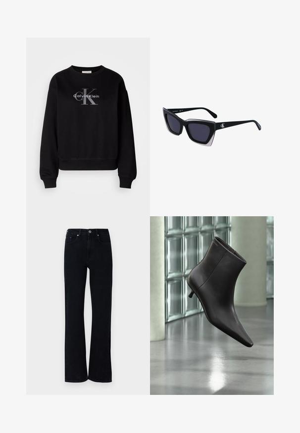 Sort sweatshirt lavet af bomuld, med rund hals og løs pasform. Viser et stort gråt logo med "Calvin Klein" og "CK" på forsiden.; Sorte denim jeans med en flagrende ben-design. Har to frontlommer, en lille blå detalje og en standard knaplukning.; Sort læderankelstøvle med spids tå og lille hæl vist mod en væg af glasblokke og poleret gulv baggrund.; Store sorte oversized solbriller med geometrisk form, med mørke linser og en kontrasterende grå detalje på stellet. Logo på armen.