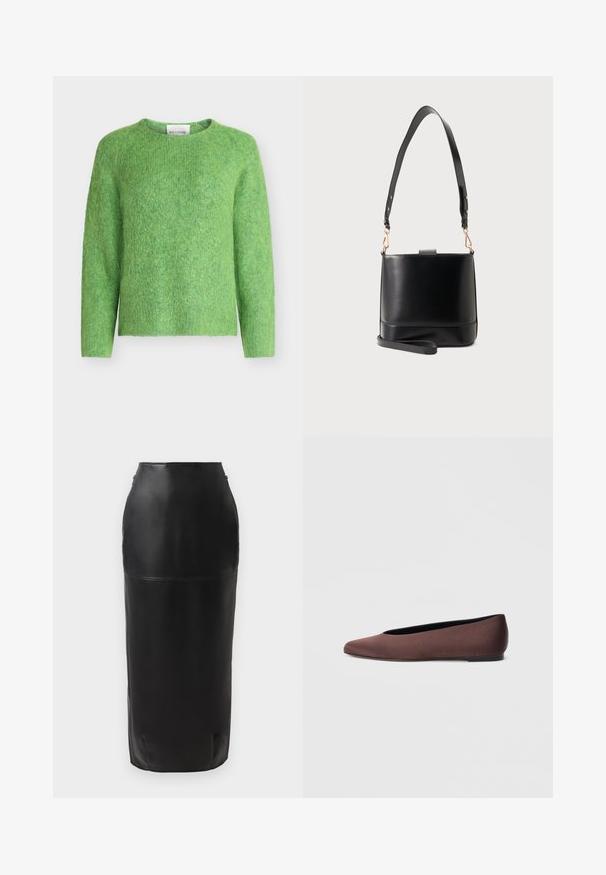 Lysegrøn, blød strikket sweater med lange ærmer og rund halsudskæring, vist mod en hvid baggrund.; Sort læder midi-nederdel med en tætsiddende silhuet, glat tekstur, høj talje og diskret lynlås lukning i siden. Ingen mønstre eller accenter.; Brune balletflade sko i stof med spids tå og glat tekstur, med lav hælkappe og tynd sort sål. Ingen synlige mønstre eller beslag.; Sort læder pung med bred justerbar skulderrem og aftagelig håndledsrem på lys grå baggrund.