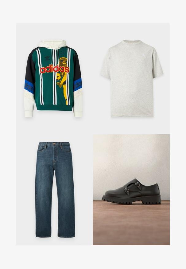 Vihreä, musta ja valkoinen hupullinen paita. Siinä on rohkea keltainen ja punainen "adidas"-painatus, graafiset yksityiskohdat ja raidoitetut korostukset hihoissa.; Vaaleanharmaa, pyöreäkauluksinen ja lyhythihainen T-paita, jossa on pieni, hillitty logo vasemmassa yläraitassa yksivärisellä taustalla.; Tummansinisiä suoria farkkuhousuja viidellä taskulla, nappikiinnityksellä ja vyölenkeillä valkoisella taustalla.; Musta nahkakenkä, jossa on kaksinkertaiset solkisangat, pyöristetty kärki ja kuvioitu, paksu kumipohja. Minimalistinen muotoilu, jossa on kontrastivärinen sininen sisäpuoli.