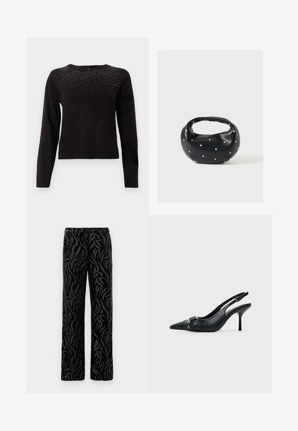 Schwarzer Pullover mit langen Ärmeln, Rundhalsausschnitt und verzierten Pailletten im oberen Brustbereich. Weicher Stoff und taillierte Passform.; Schwarze Hose mit einem strukturierten, wirbelnden Muster. Aus weichem Material mit geradem Schnitt und elastischem Bund für besonderen Komfort.; Schwarzer Leder Slingback-Pumps mit spitzer Vorderkappe und einem Schnallen- und Ösenriemen vorne.; Schwarze Lederhandtasche mit abgerundeter Form, verziert mit silbernen Nietenakzenten und kurzem Griff. Glatte Struktur und Reißverschlussverschluss.