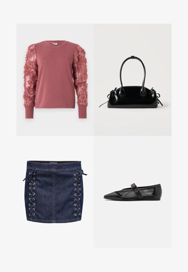 Sweatshirt rose avec un corsage ajusté et des manches transparentes ornées de fleurs en tissu texturé. Poignets et col côtelés.; Mini-jupe en denim bleu foncé avec détail de laçage sur le côté et œillets en argent. Présente une texture lisse et des coutures contrastées.; Chaussure plate noire avec un bout pointu, panneaux latéraux en maille et une sangle avec une boucle décorative. Fini lisse sur les sections du bout et du talon.; Petit sac à main noir brillant avec deux longues anses et des détails à cordon sur les côtés sur un fond clair uni.