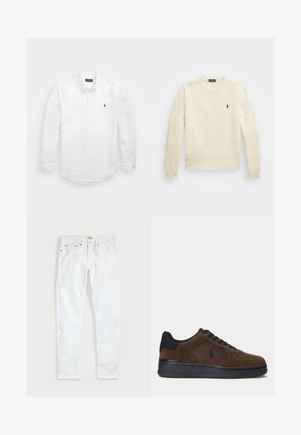 Kremfarvet strikket sweater med rund hals, ribbet kant og manchetter, med et lille marineblåt logo på venstre bryst.; Hvid langærmet skjorte lavet af bomuld med en knap-ned krave, der har et lille marineblåt logo på venstre bryst og klassisk knaplukning.; Hvide slim fit jeans med fem lommer, knaplukning og bæltestropper, fladt lagt på en ensfarvet lys baggrund.; Mørkebrun lavtop sneaker med sort sål, sorte snørebånd og mesh sidepanel med lille sort logo.