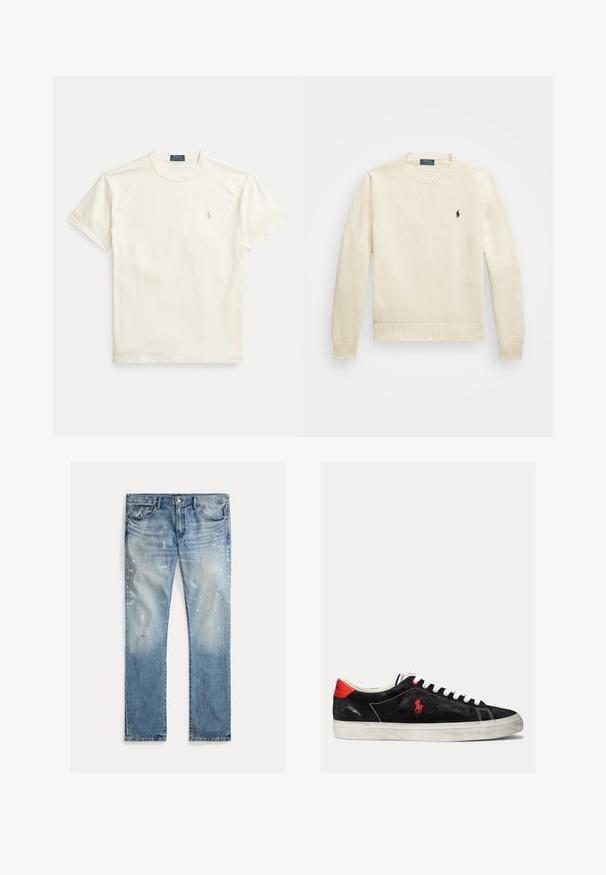 Kremfarvet strikket sweater med rund hals, ribbet kant og manchetter, med et lille marineblåt logo på venstre bryst.; Flødefarvet bomulds-T-shirt med korte ærmer. Har et diskret broderet logo på venstre bryst og rund hals.; Lyseblå denimjeans med en bleget vask, slidte detaljer, malingspletter, traditionelt fem-lomme design, lige ben.; Sorte ruskind sneakers med hvide snørebånd, røde accenter på hælen og et lille rødt logo. Har en flad gummisål og enkel syning.
