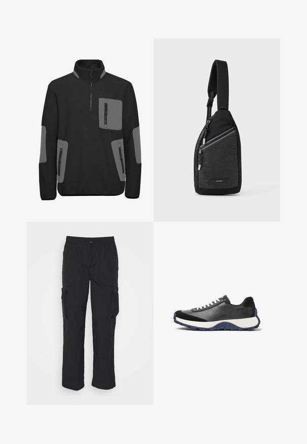 Pulóver de forro polar negro con cuello de media cremallera, acentos grises y múltiples bolsillos con cremallera en la parte frontal y los laterales. Textura suave.; Pantalones cargo negros hechos de tejido tejido. Cuenta con una cinturilla ajustable, bolsillos laterales y dos bolsillos de utilidad con cremalleras.; Zapatilla deportiva negra con cordones blancos y una superficie texturizada, que presenta una suela azul en contraste y un diseño minimalista, en ángulo para mostrar el perfil lateral.; Bolso bandolera negro con diseño texturizado de patrón cuadriculado, correa ajustable y bolsillo con cremallera con detalles de herrajes plateados.