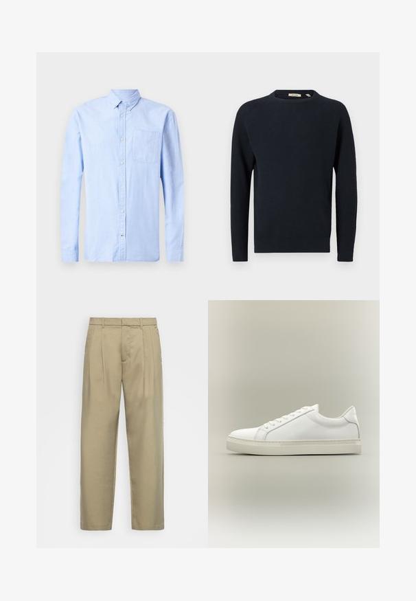 Donker marineblauwe gebreide trui met ronde hals en lange mouwen, weergegeven op een effen witte achtergrond.; Lichtblauw langarm overhemd met knopen, gemaakt van zachte stof, met een button-down kraag en een enkele borstzak.; Beige, hoge taille broek met een rechte snit, voorzien van een platte voorkant, zijzakken en een gladde, gestructureerde stof.; Witte lage sneaker met veters aan de voorkant en dikke zool, zijaanzicht tegen een neutrale achtergrond.