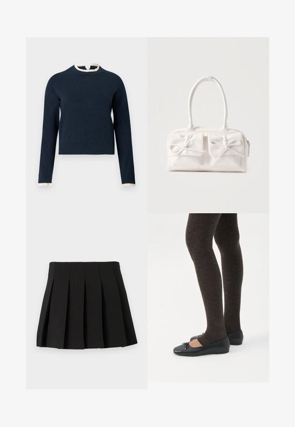 Jersey de manga larga azul marino con cuello y puños de volantes color marfil, con un diseño ligeramente corto y textura suave.; Mini falda negra con diseño estructurado, hecha de una tela suave. Cuenta con una cinturilla y pliegues verticales espaciados uniformemente.; Piernas con leggings oscuros acanalados combinados con bailarinas negras que presentan pequeños detalles de lazo sobre un fondo blanco.; Bolso sintético blanco con dos bolsillos delanteros, cada uno con un detalle de lazo atado. Textura suave, asas redondeadas y cierre de cremallera.