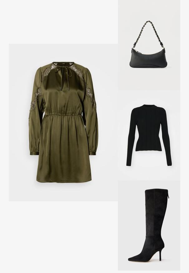 Sort ribbet langærmet sweater med høj hals og tætsiddende silhuet. Materialet ser strækbart ud med lodrette linjer. Kortere snit ved kanten.; Oliven grøn kjole lavet af satin med lange ærmer, blondeaccenter på skuldrene, en snoretræk-udskæring og en elastisk talje. Glat tekstur.; Sort højhælet støvle lavet af tekstureret materiale, med spids tå og et tætsiddende design, der strækker sig til midt på læggen med lynlås.; Sort skuldertaske i læder med en buet rektangulær form, gyldent kæde vævet ind i en flettet sort rem og toplynlås.