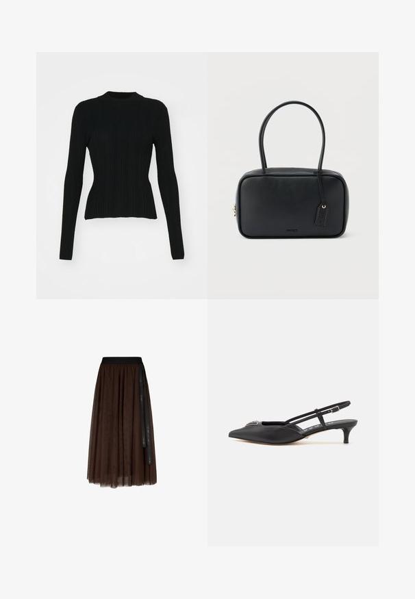 Sort ribbet langærmet sweater med høj hals og tætsiddende silhuet. Materialet ser strækbart ud med lodrette linjer. Kortere snit ved kanten.; Brun midi-længde tylskørt med sort elastisk talje og lang sort bånddetalje hængende på den ene side.; Sorte slingback-sko med spids tå, lavet af glat materiale, med en lille hæl og en dekorativ sølvaccent på vamps.; Sort rektangulær håndtaske med dobbelte runde håndtag, gylden lynlås og præget "HUGO"-logo foran med fastgjort lædermærke.