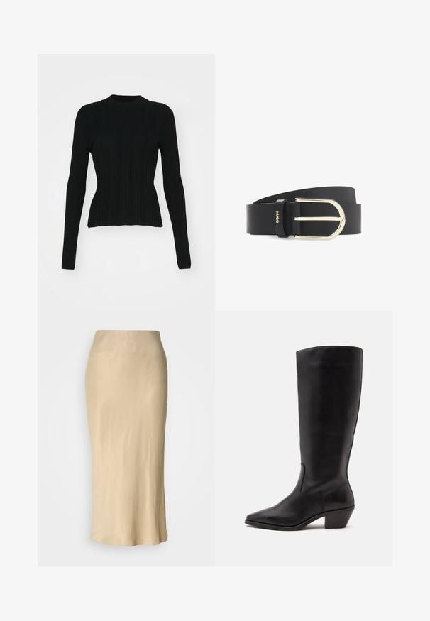 Sort ribbet langærmet sweater med høj hals og tætsiddende silhuet. Materialet ser strækbart ud med lodrette linjer. Kortere snit ved kanten.; Beige satin midi nederdel med en glat, skinnende tekstur. Tæt talje med en udvidet nederste kant, der har et minimalistisk design uden synlige mønstre.; Sort læderstøvle til midtkalv med spids tå og lavt skråt hæl på en enkel lys baggrund.; Sort læderbælte med guldfarvet D-formet metalspænde og lille gyldent Hugo-logo på bælteøjet, rullet sammen på en hvid baggrund.