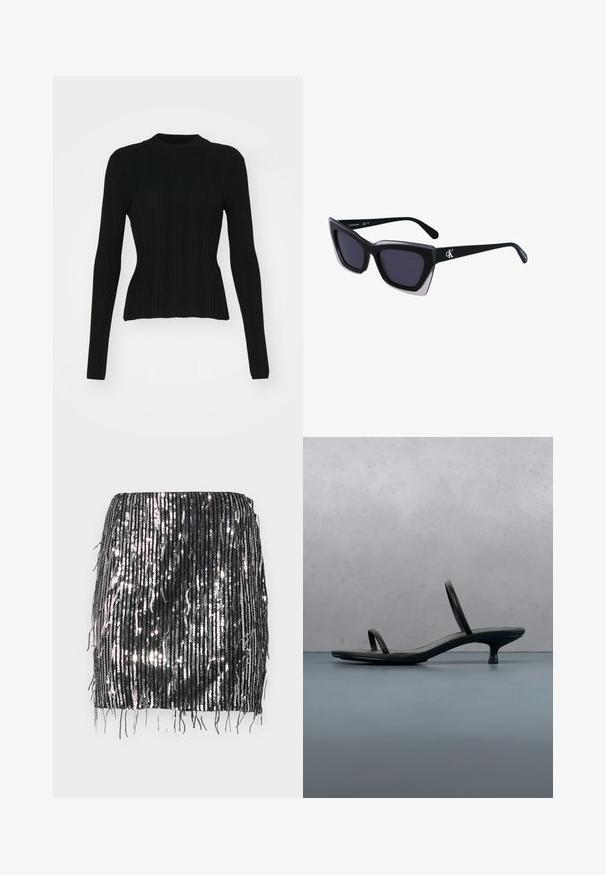 Pull noir à manches longues côtelé avec un col montant et une silhouette ajustée. Le matériau semble élastique avec des lignes verticales. Coupe plus courte au niveau de l'ourlet.; Mini-jupe noire en sequins avec des détails de franges verticales, texture brillante et coupe ajustée. L'ourlet est droit avec des longueurs de franges inégales.; Sandale à talon Calvin Klein noire avec des lanières fines, posée sur des carreaux en bois en plein air près d'un mur et de la verdure.; Lunettes de soleil noires surdimensionnées avec une forme géométrique, dotées de verres foncés et d'un détail gris contrastant sur la monture. Logo sur la branche.