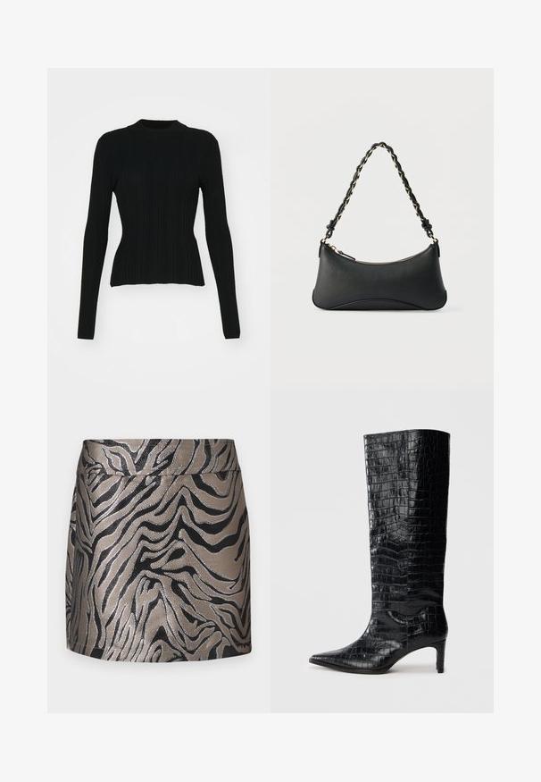 Sort ribbet langærmet sweater med høj hals og tætsiddende silhuet. Materialet ser strækbart ud med lodrette linjer. Kortere snit ved kanten.; Metallic sølv- og sort zebra-mønstret miniskørt med en glat overflade og en tætsiddende design. Bred talje linning øverst.; Sorte knæhøje støvler med en blank, krokodillemønstret tekstur, spids tå og en affaset hæl. Glat syntetisk materiale.; Sort skuldertaske i læder med en buet rektangulær form, gyldent kæde vævet ind i en flettet sort rem og toplynlås.