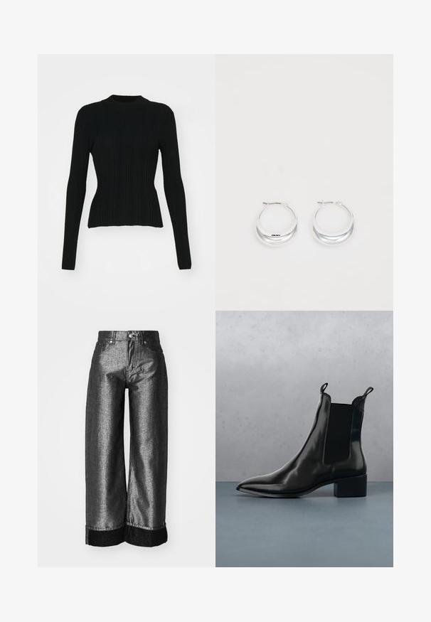 Zwarte geribbelde lange mouwen trui met een hoge halslijn en een aansluitende pasvorm. Het materiaal lijkt rekbaar met verticale lijnen. Kortere snit aan de zoom.; Wijdvallende jeans in metallic donkergrijze denim met een gladde textuur. Heeft een zwarte denim omslag en een standaard knoopsluiting met riemlussen.; Zwarte leren Chelsea boot met een spitse neus, elastische zijpanelen en een chunky hak, rustend boven een oppervlak met een steen- en houtpatroon.; Zilveren creolen met een gepolijste afwerking en DKNY-branding, weergegeven tegen een effen witte achtergrond.