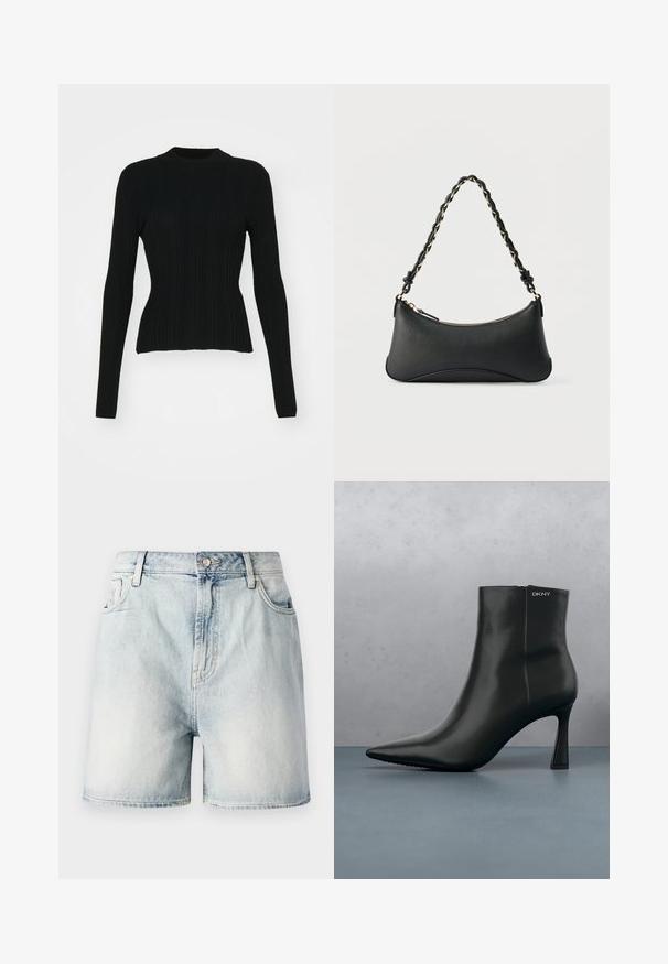 Sort ribbet langærmet sweater med høj hals og tætsiddende silhuet. Materialet ser strækbart ud med lodrette linjer. Kortere snit ved kanten.; Lyseblå denimshorts med knaplukning, fem lommer og en falmet struktur. Lige snit med et klassisk design.; Sort læder ankelstøvle med spids tå og geometrisk hæl. Har subtil branding og en glat overflade. Baggrunden består af strukturerede fliser.; Sort skuldertaske i læder med en buet rektangulær form, gyldent kæde vævet ind i en flettet sort rem og toplynlås.